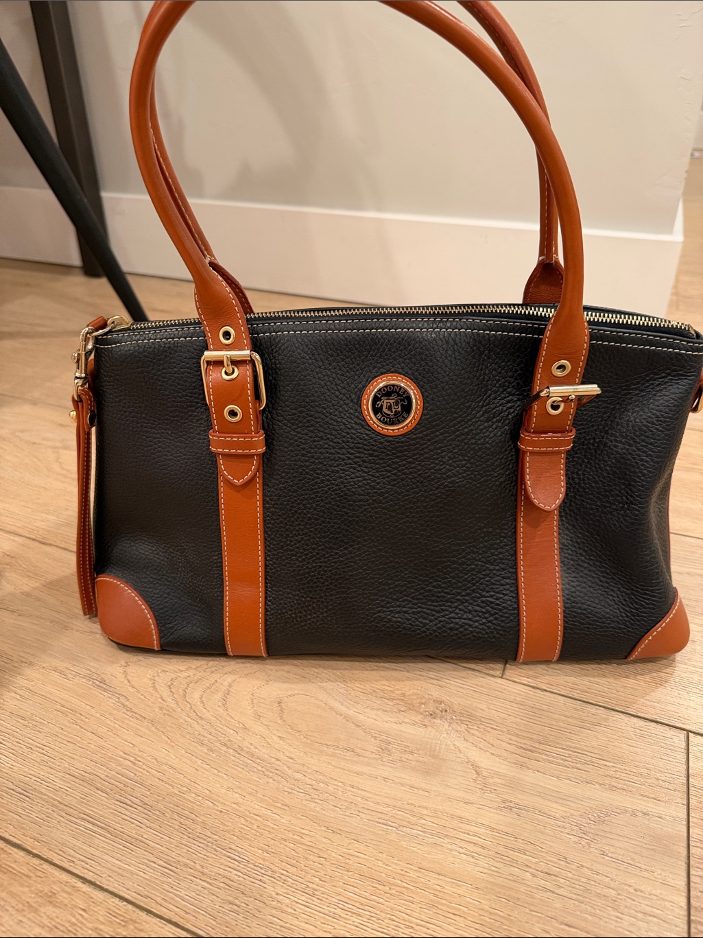 Dooney & Bourke Black And Cognac Pebbled Leather Shoulder Bag